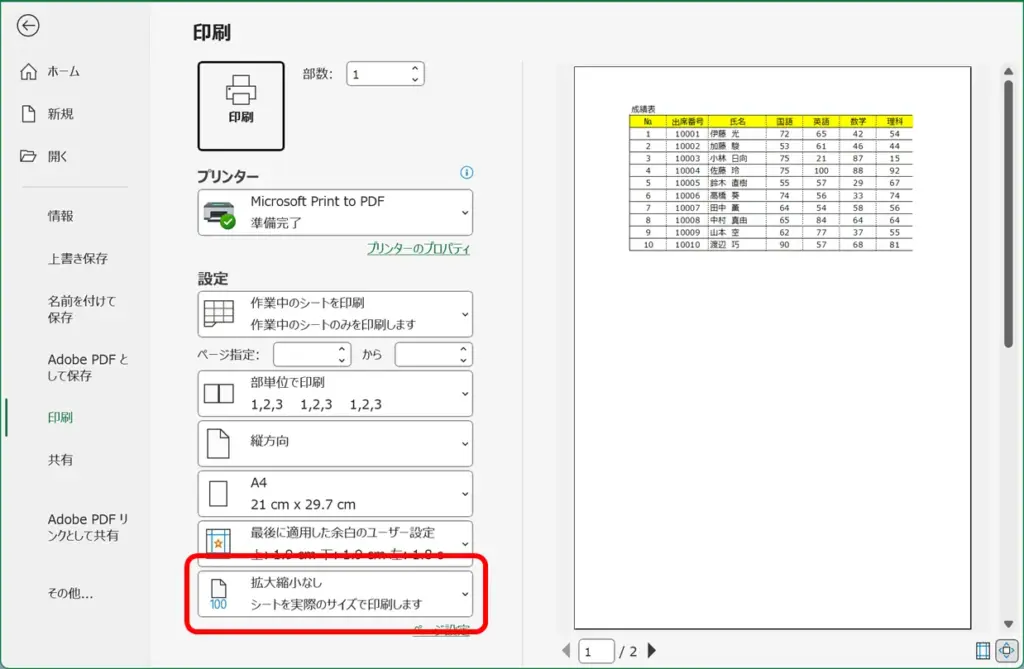 印刷プレビュー画面の [拡大縮小なし] の画面。
