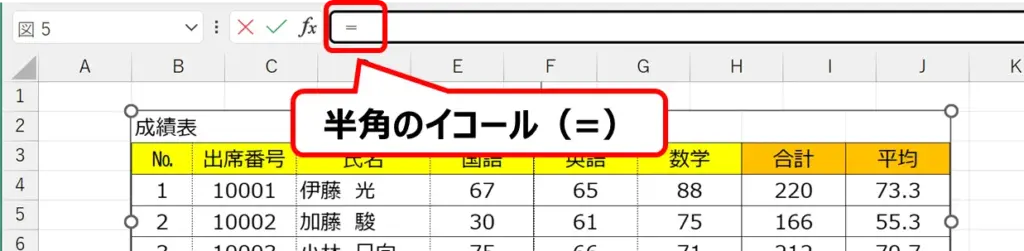 シート：数式バーに"="を入力した図。