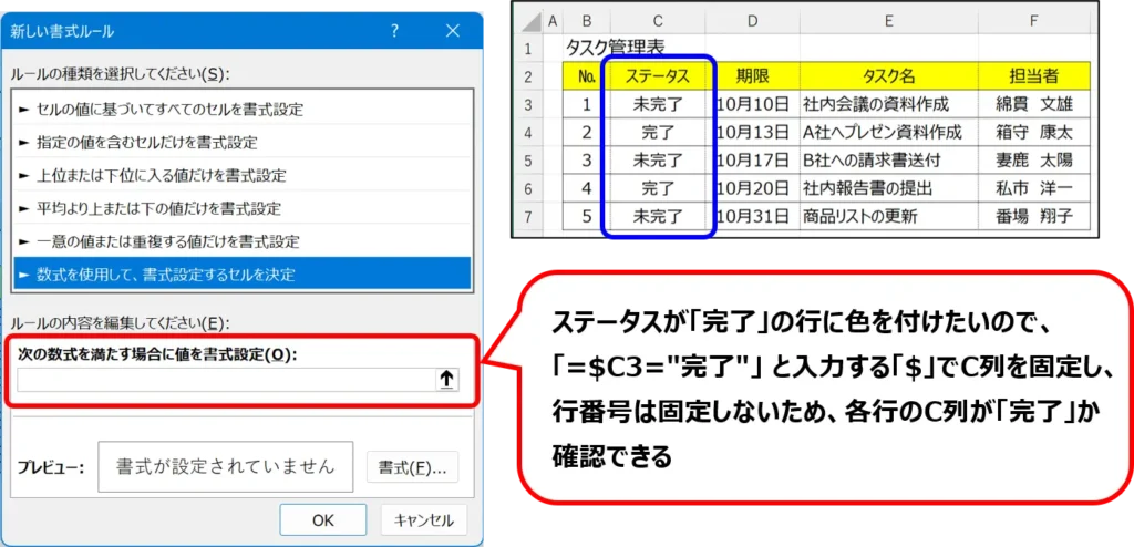 新しい書式ルール：「次の数式を満たす場合に値を書式設定」の位置及び入力する数式の説明。