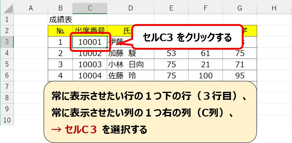 シート：固定したい行・列を指定するセル