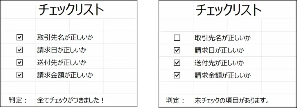 完成予定図。セルの値とチェックボックスの値が連動し、その値によって表示するテキストを関数で変える。