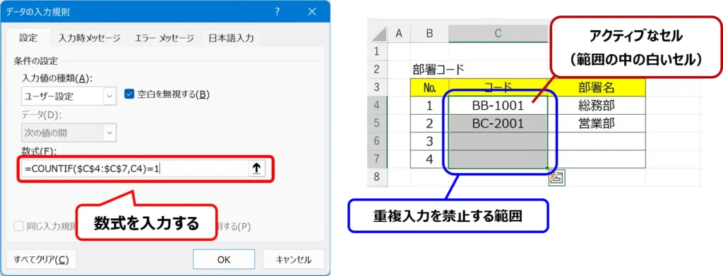 ［データの入力規則］ダイアログ：［数式］の場所を示した画像