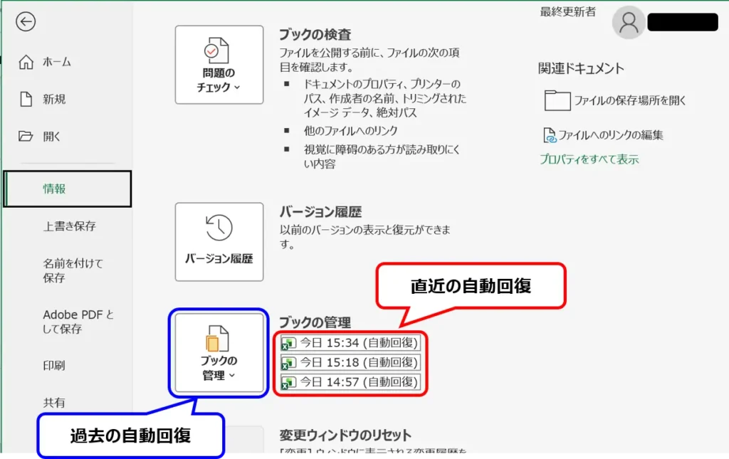 ［ファイル］→［情報］→［ブックの管理］から自動回復ファイルを開く画面