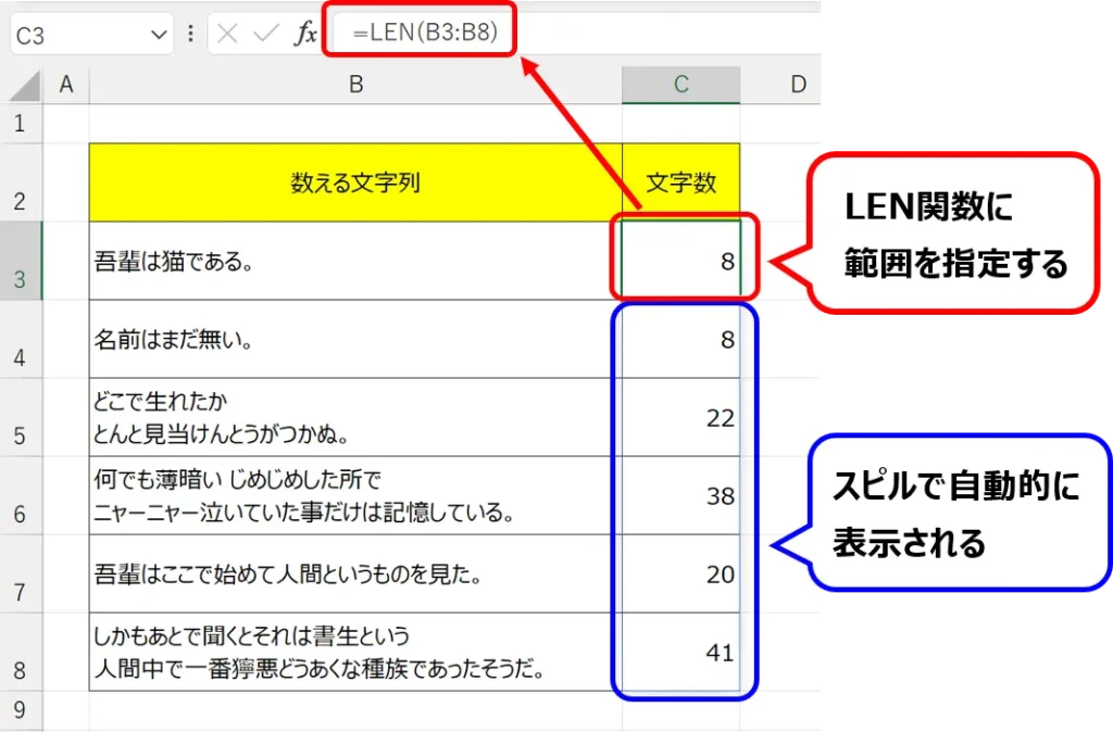 シート：LEN関数の引数を範囲で指定して、各セルにLEN関数の結果が表示された画像