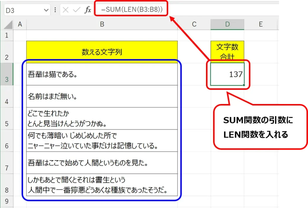 シート：LEN関数とSUM関数を組み合わせて、セルの範囲の合計文字数を数えた画像