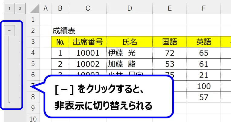 シート：グループ化して非表示になっている行の行番号の左側にある［－］ボタンの場所を示した画像
