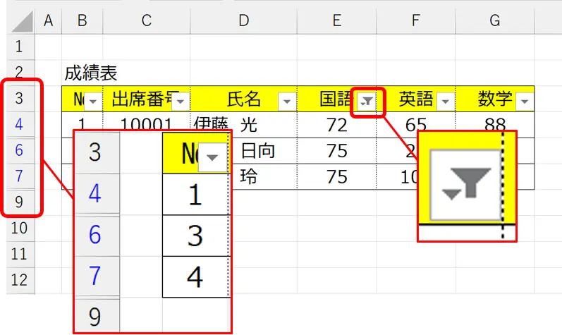 シート：フィルターが設定されている場合の行の見出しと、条件をかけているフィルターのアイコン