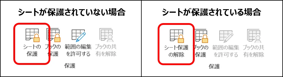 リボン：シートが保護されている場合のアイコンと保護されていない場合のアイコンの比較画像