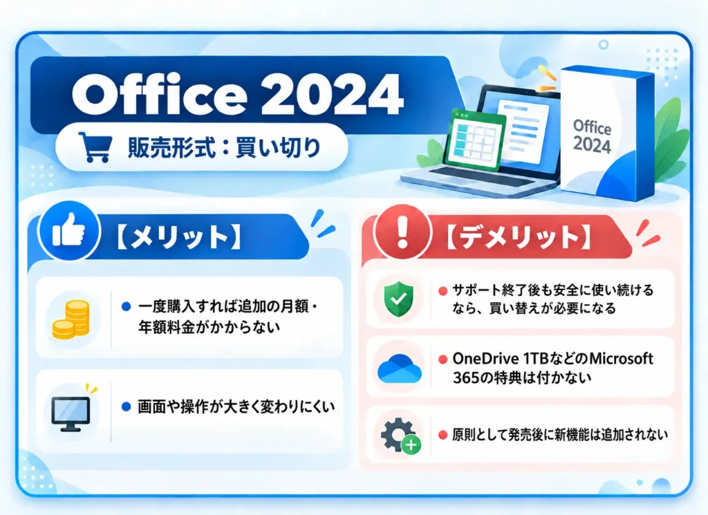Office 2024買い切り版の料金・新機能・サポート期限などのメリットとデメリットをまとめた図