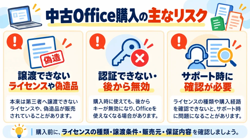 中古Office購入時の主なリスクとして、譲渡できないライセンスや認証無効、サポート時の確認を示した図